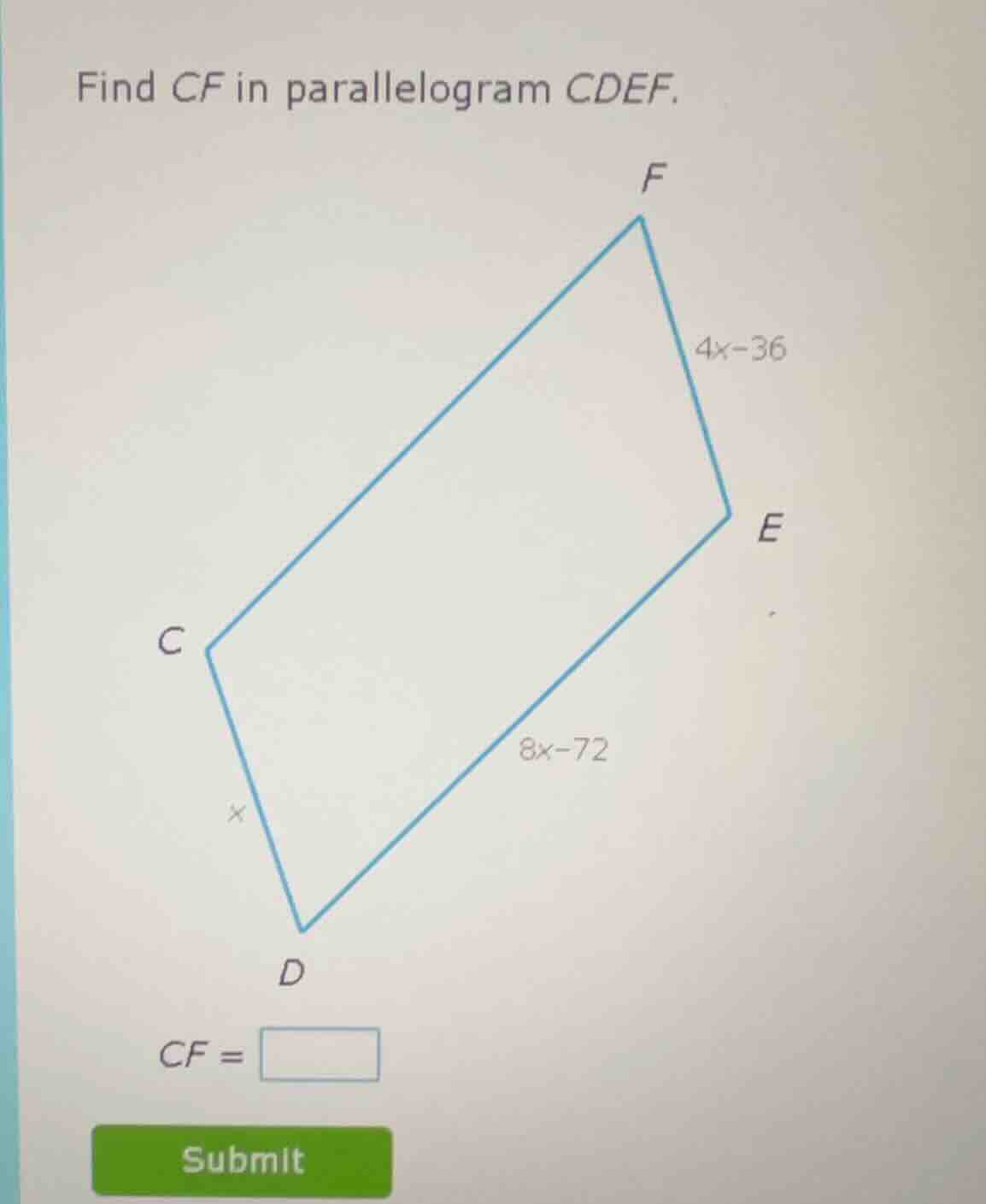 find cf in parallelogram cdef. cf = submit