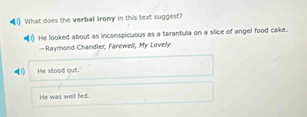 what does the verbal irony in this text suggest? he looked about as inc…