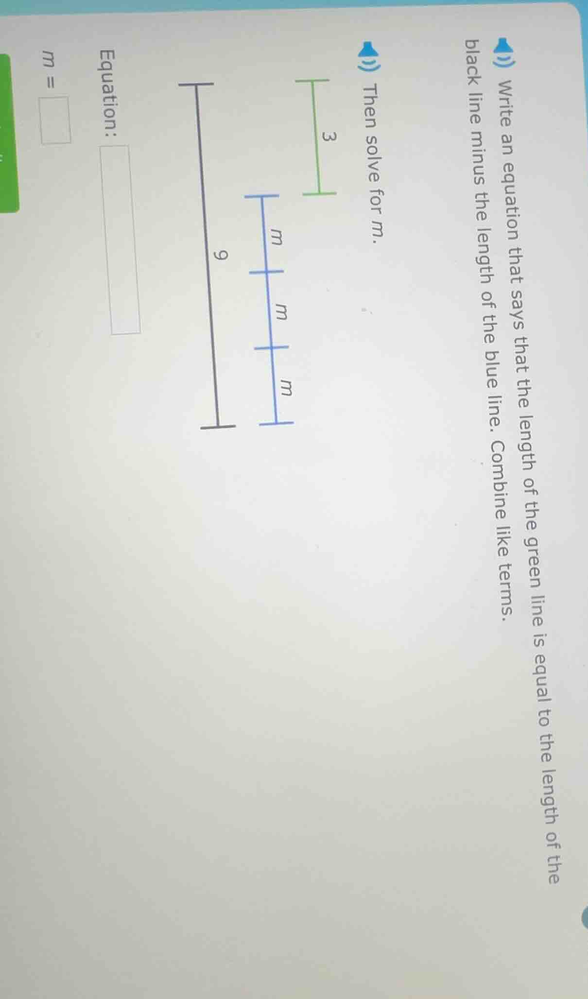 write an equation that says that the length of the green line is equal …