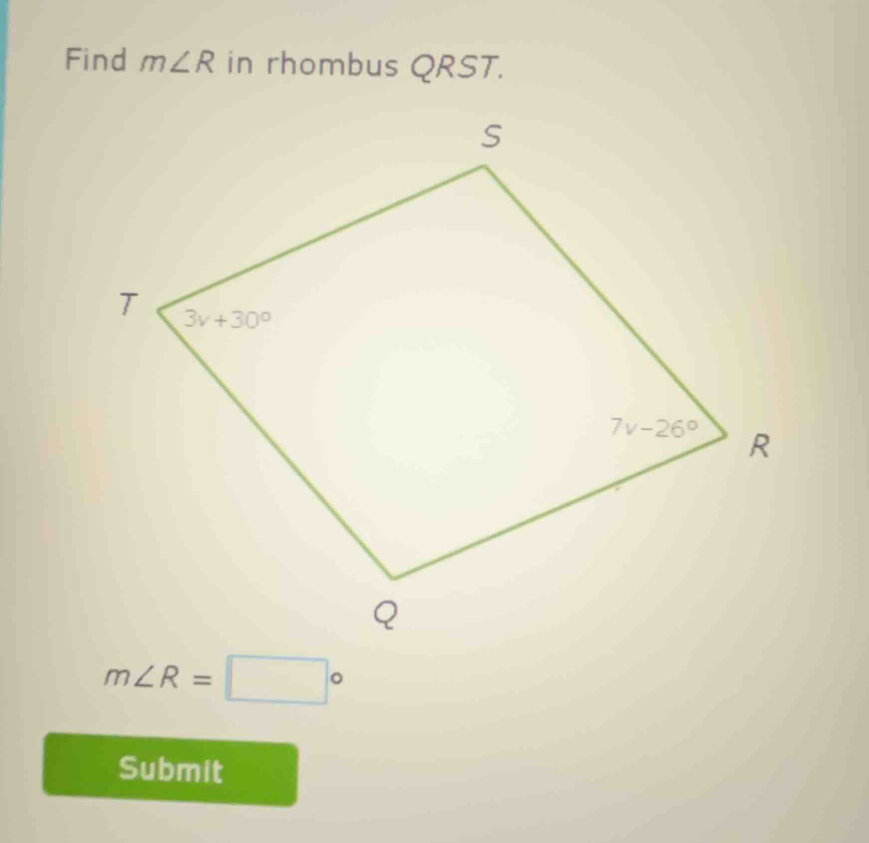 find ( mangle r ) in rhombus ( qrst ). ( mangle r = square^circ )