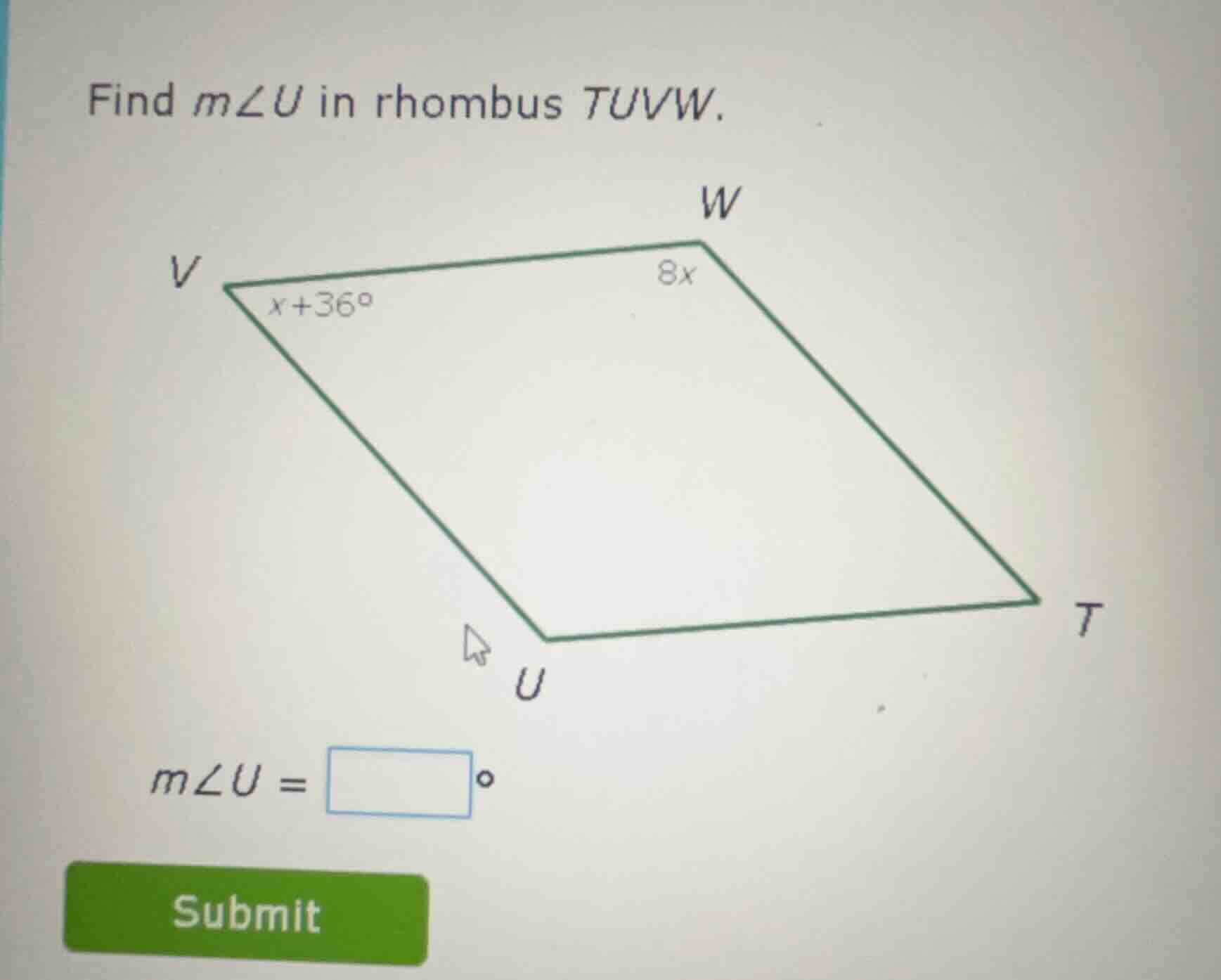 find ( mangle u ) in rhombus ( tuvw ).