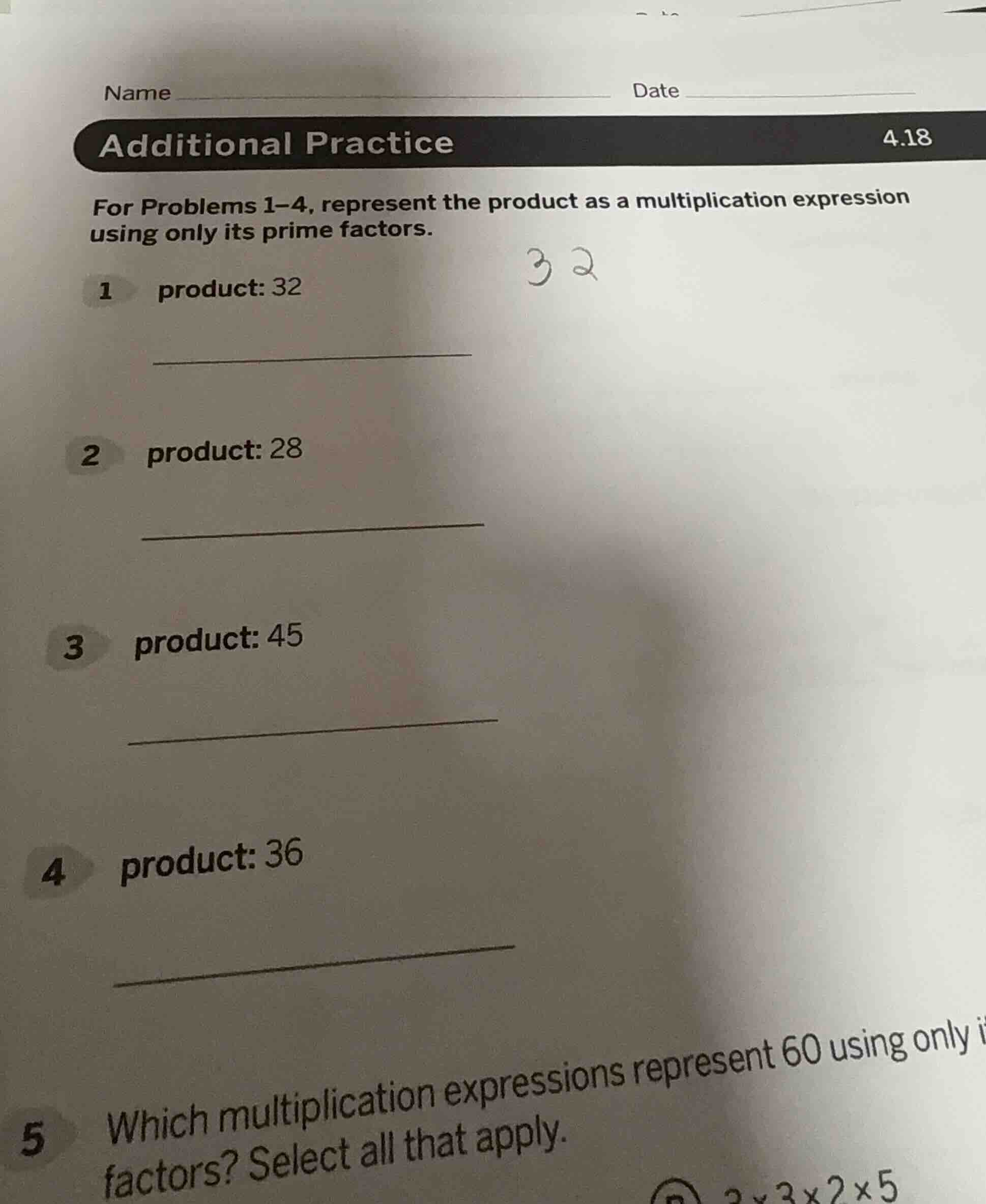 name date additional practice 4.18 for problems 1–4, represent the prod…