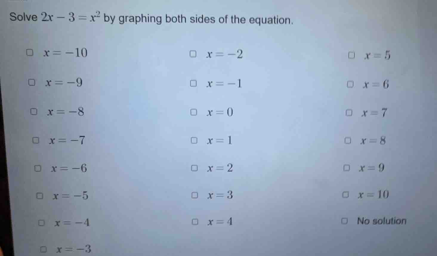 solve $2x - 3 = x^2$ by graphing both sides of the equation. \ $\\squar…