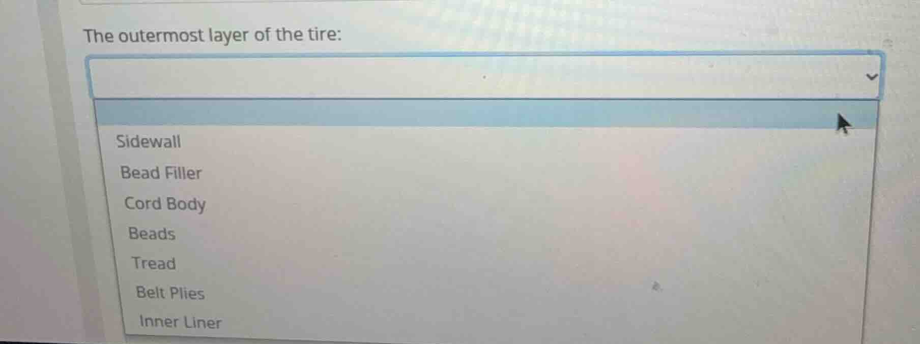 the outermost layer of the tire: sidewall bead filler cord body beads t…