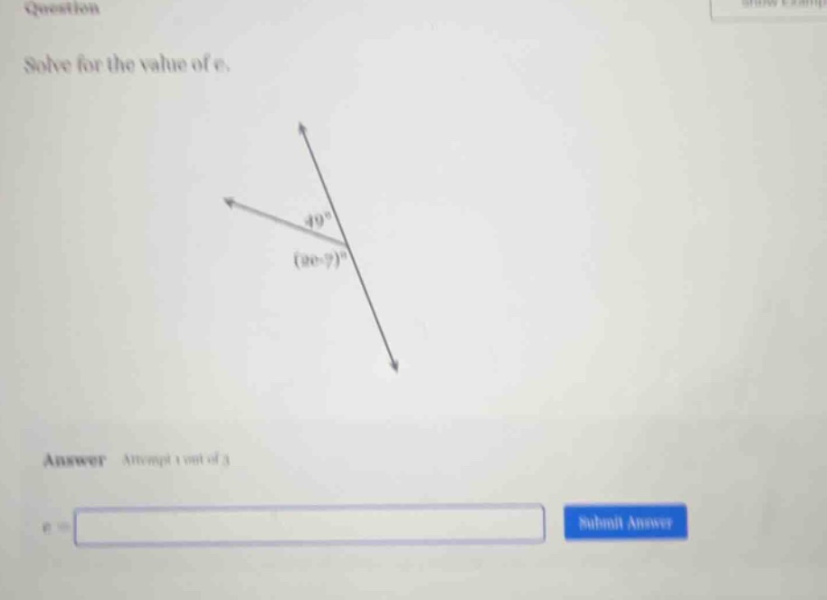 question solve for the value of e. answer attempt 1 out of 3 e = submit…