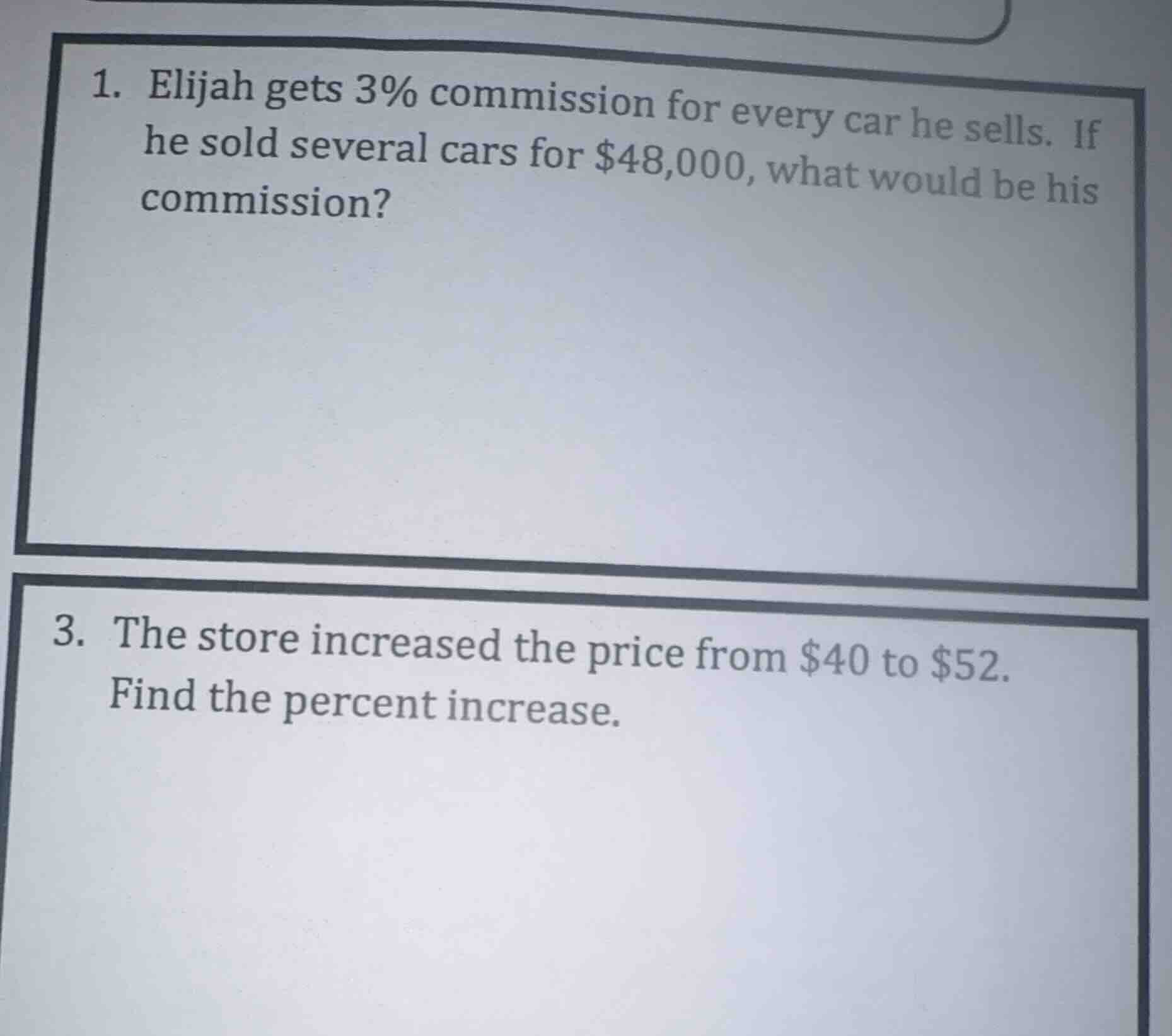 1. elijah gets 3% commission for every car he sells. if he sold several…