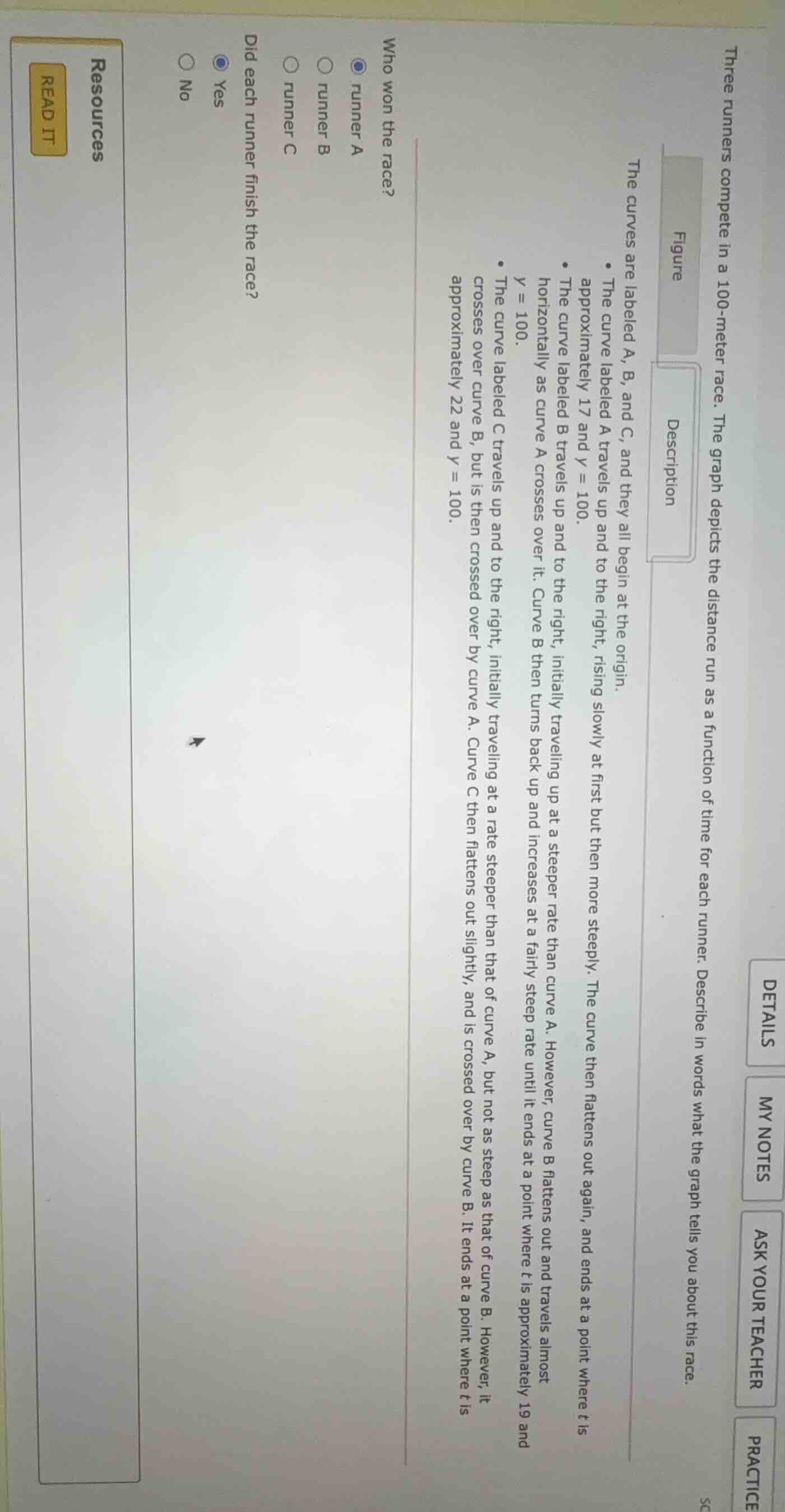 three runners compete in a 100 - meter race. the graph depicts the dist…