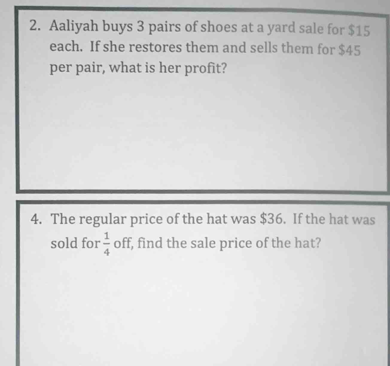 2. aaliyah buys 3 pairs of shoes at a yard sale for $15 each. if she re…