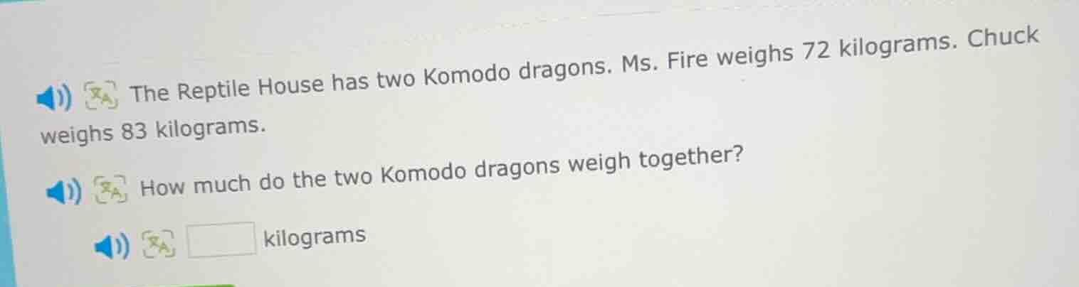 the reptile house has two komodo dragons. ms. fire weighs 72 kilograms.…