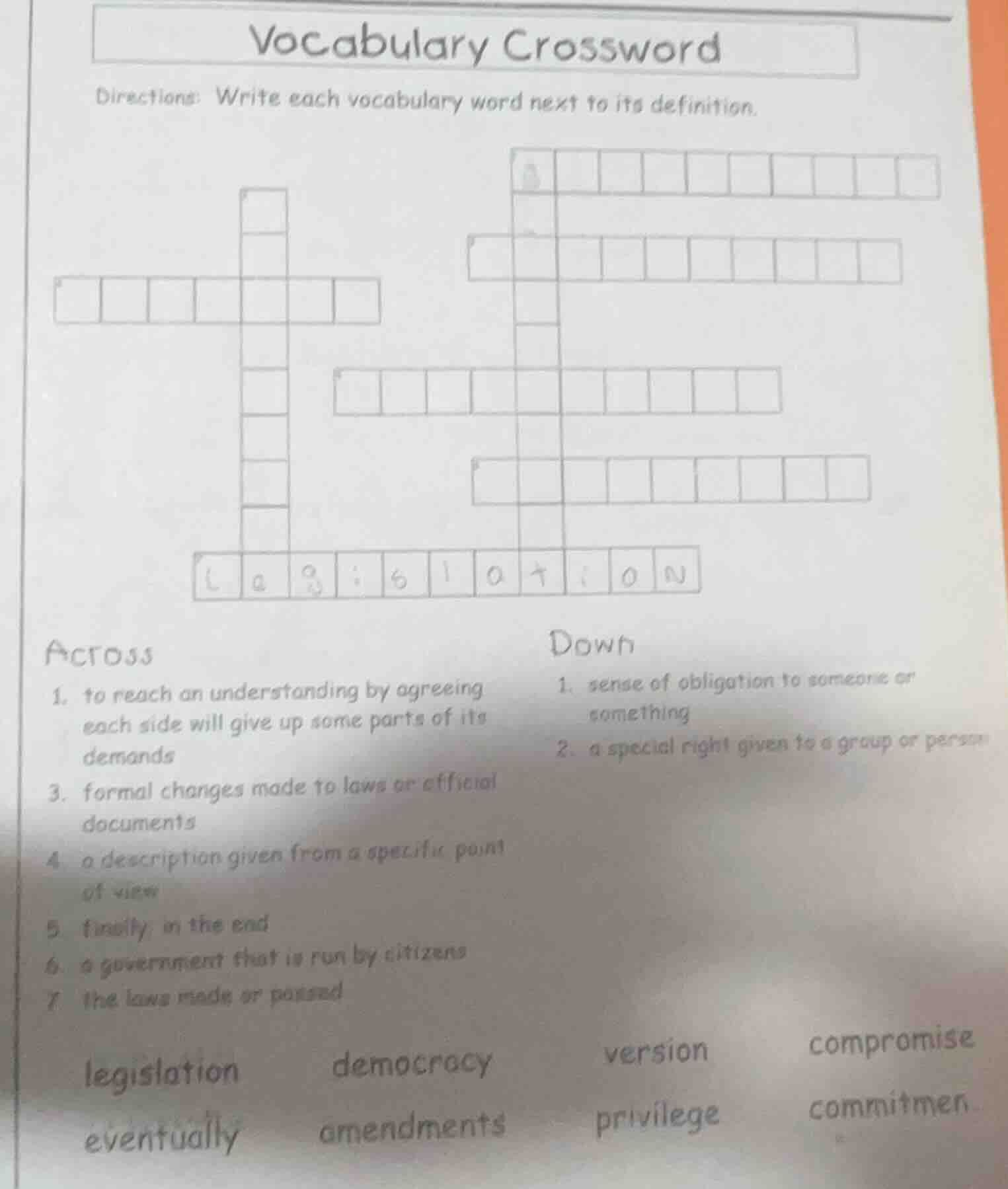 vocabulary crossword directions: write each vocabulary word next to its…