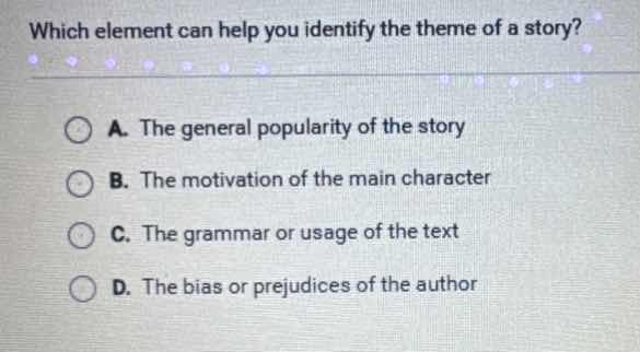 which element can help you identify the theme of a story? a. the genera…