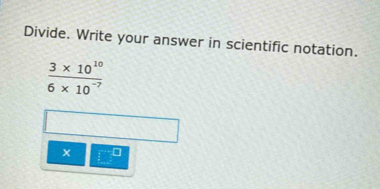divide. write your answer in scientific notation.\\(\frac{3 \times 10^{…
