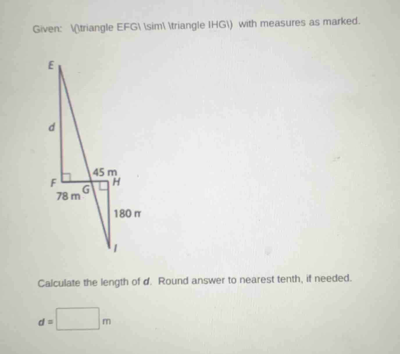 given: \\(\\triangle efg \\sim \\triangle ihg\\) with measures as marke…