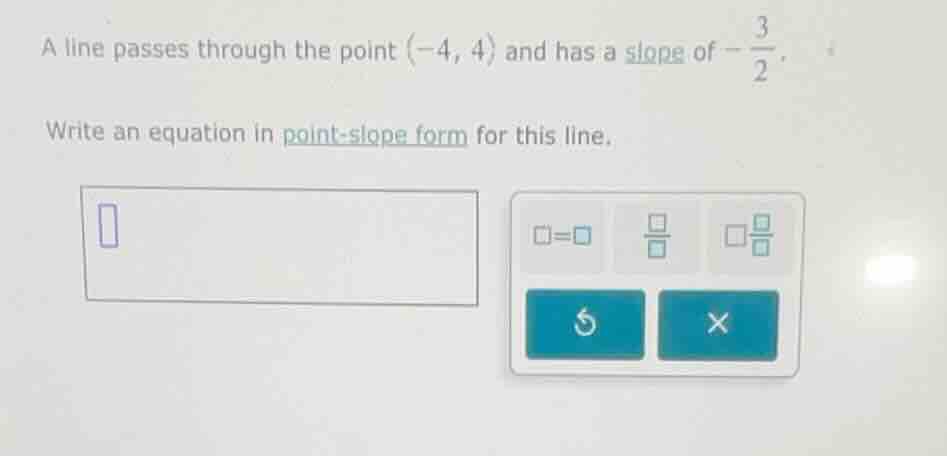 a line passes through the point $(-4, 4)$ and has a slope of $-\frac{3}…