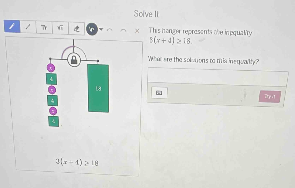 solve it this hanger represents the inequality ( 3(x + 4) geq 18 ). wha…