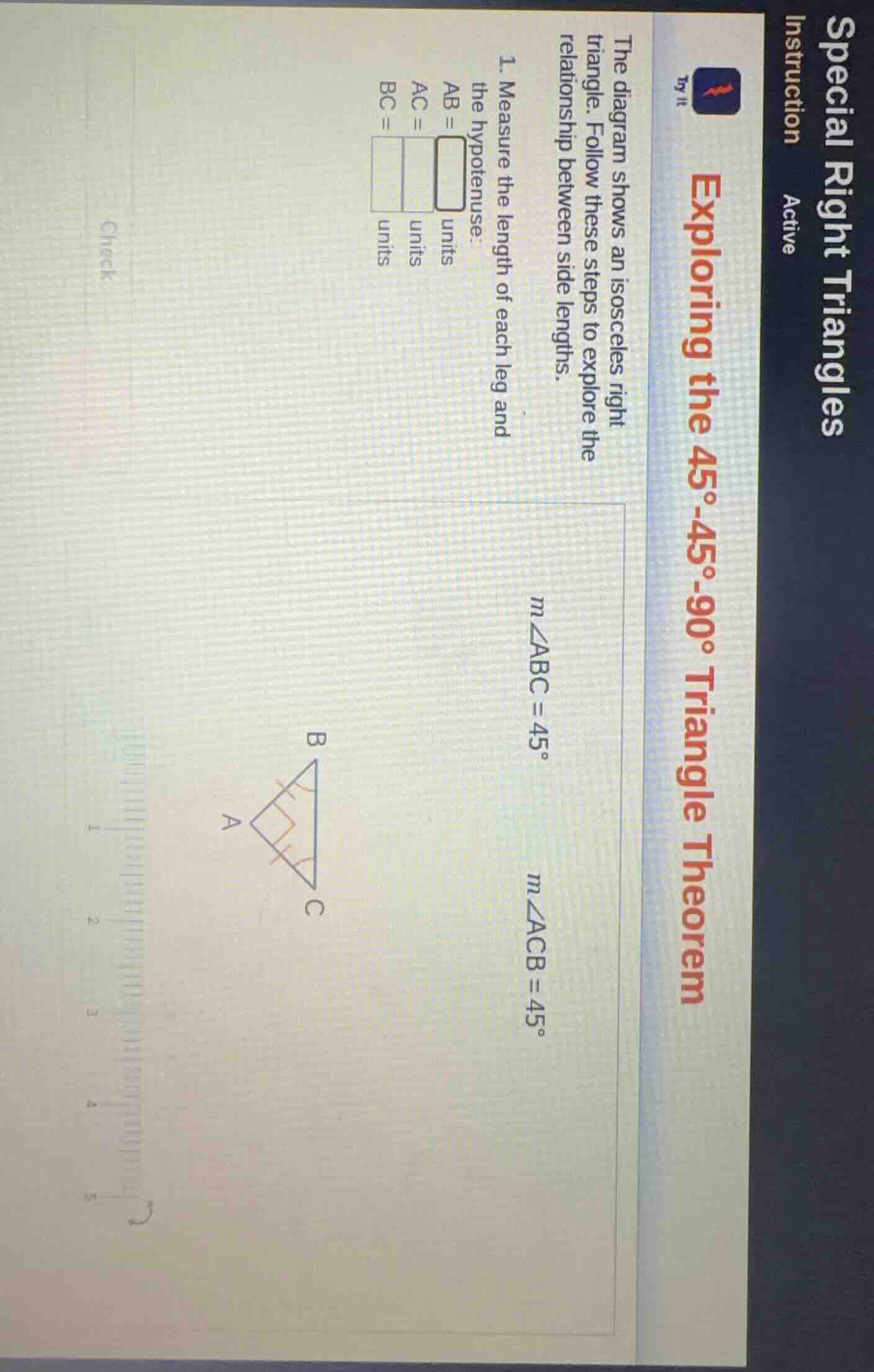 exploring the 45°-45°-90° triangle theorem the diagram shows an isoscel…