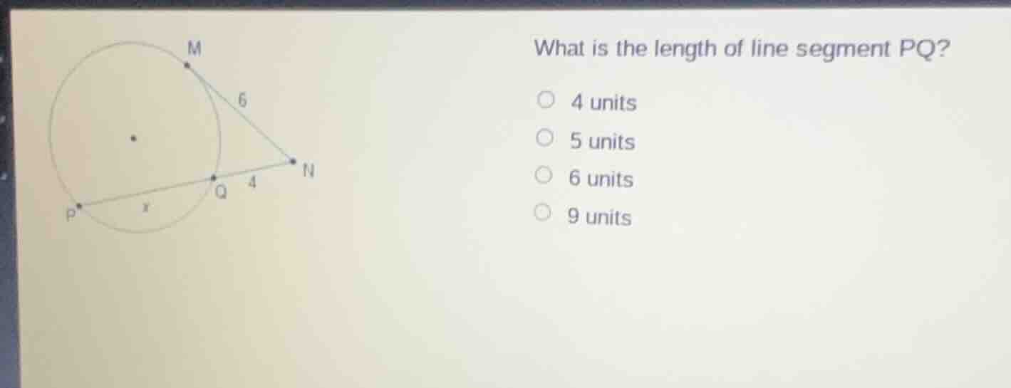 what is the length of line segment pq? 4 units 5 units 6 units 9 units