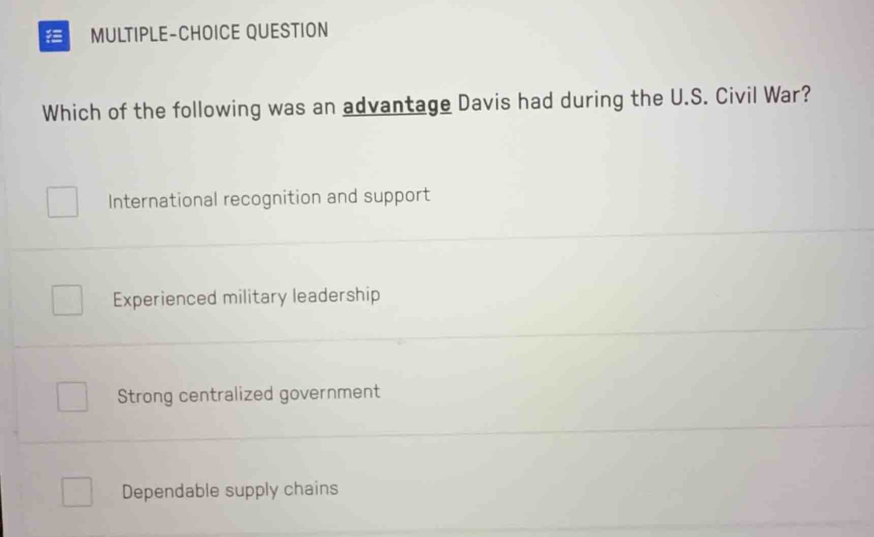 multiple-choice question which of the following was an advantage davis …