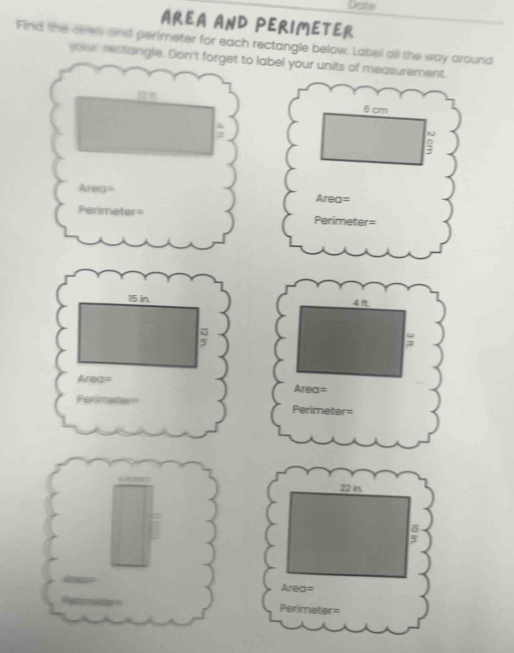 area and perimeter find the area and perimeter for each rectangle below…