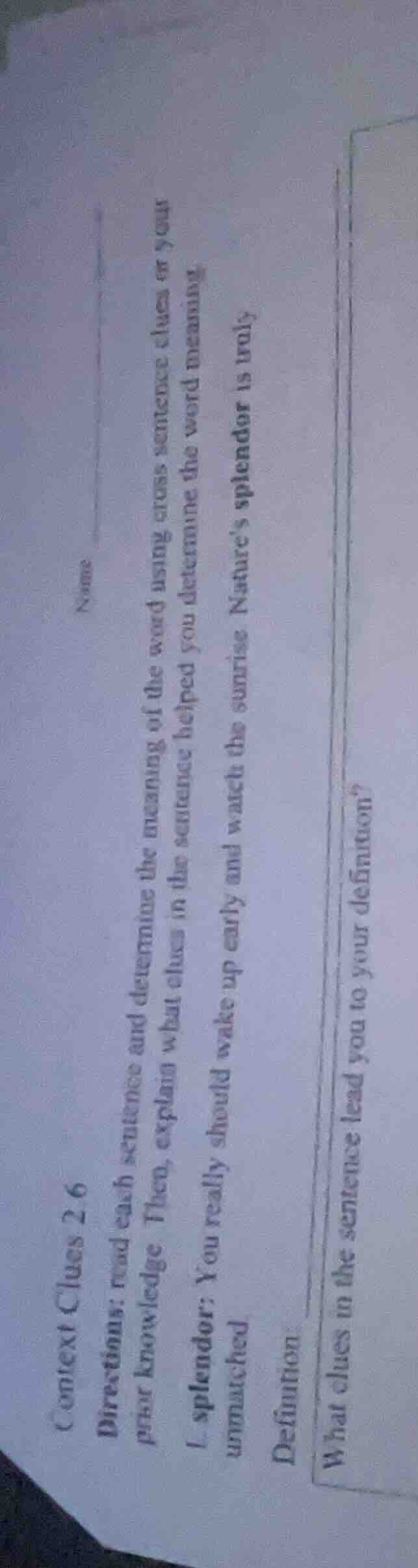 context clues 2.6 name directions: read each sentence and determine the…