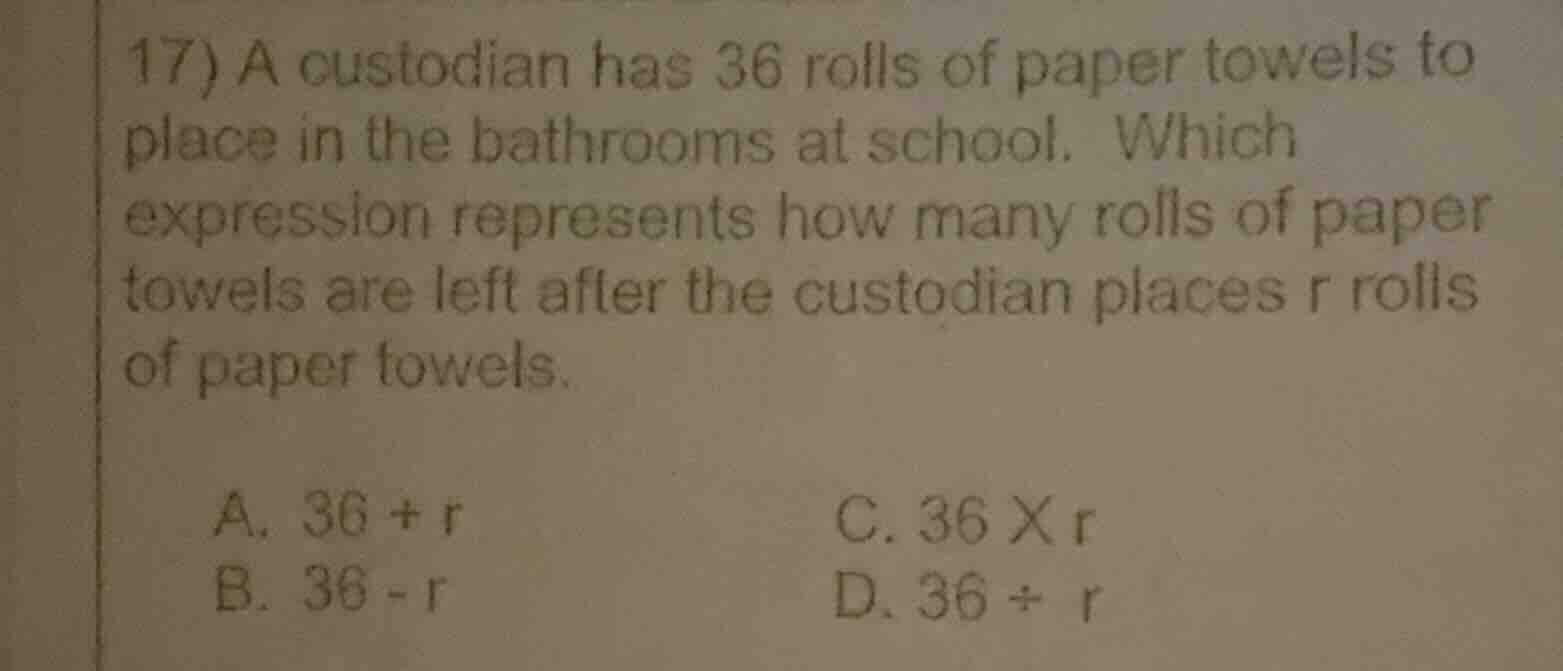 17) a custodian has 36 rolls of paper towels to place in the bathrooms …