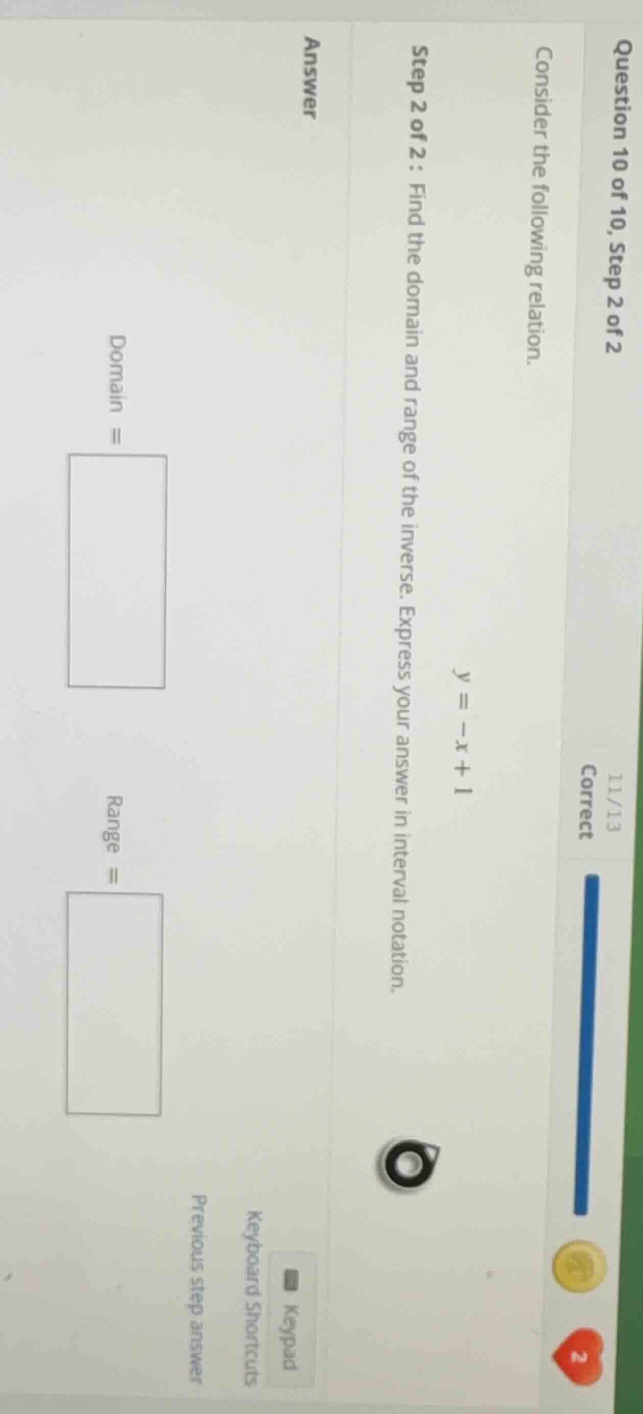 question 10 of 10, step 2 of 2 consider the following relation. ( y = -…