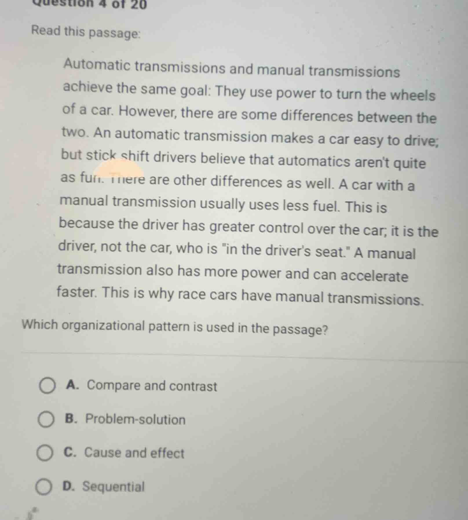 question 4 of 20 read this passage: automatic transmissions and manual …