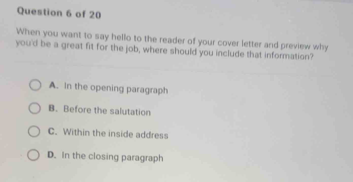 question 6 of 20 when you want to say hello to the reader of your cover…