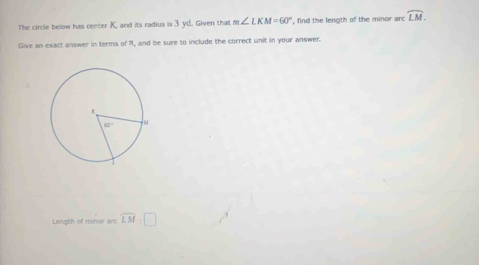 the circle below has center k, and its radius is 3 yd. given that ( man…