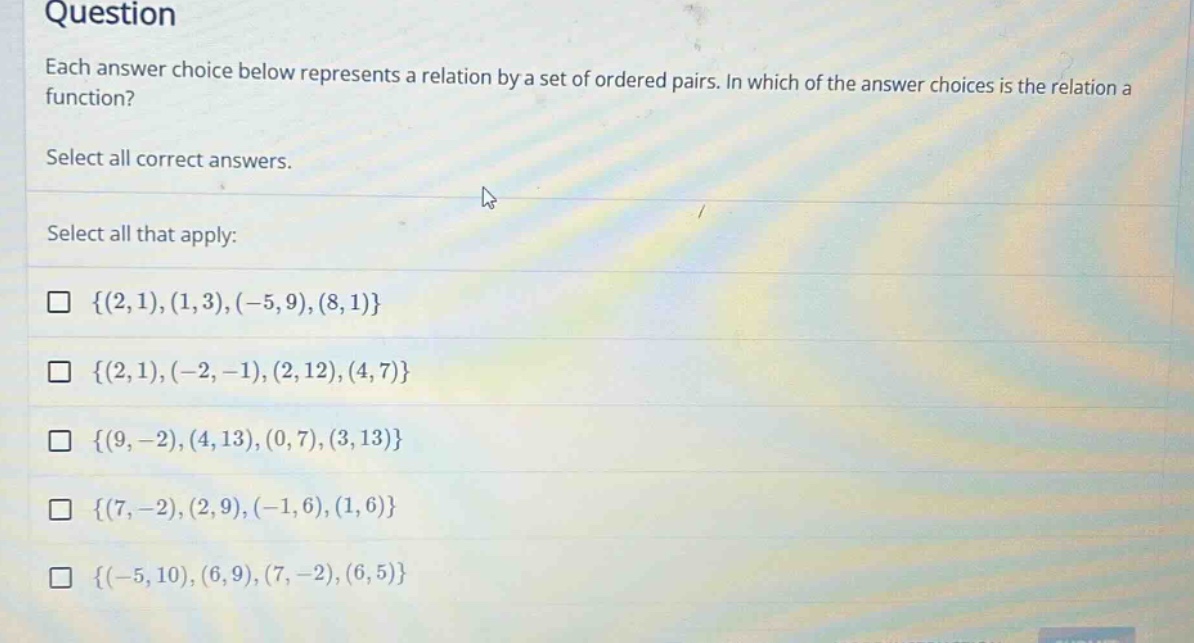 question each answer choice below represents a relation by a set of ord…