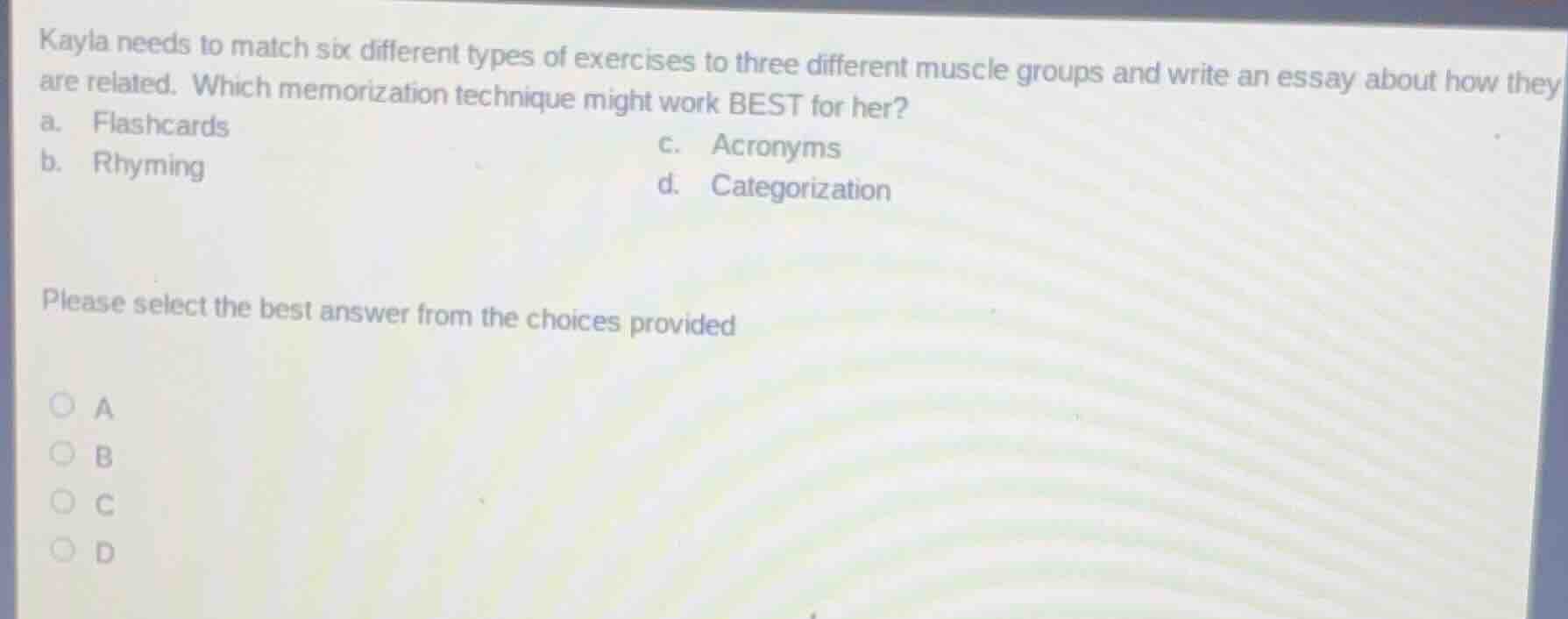 kayla needs to match six different types of exercises to three differen…