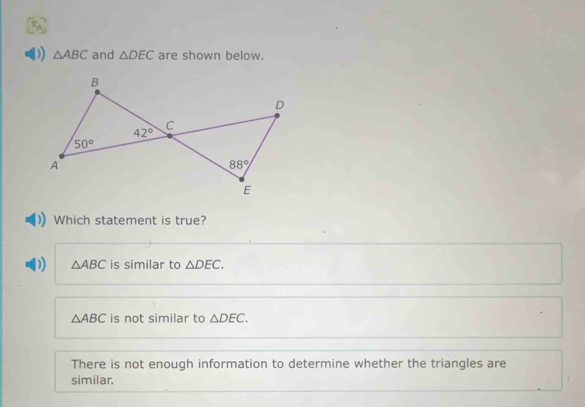 △abc and △dec are shown below. which statement is true? △abc is similar…