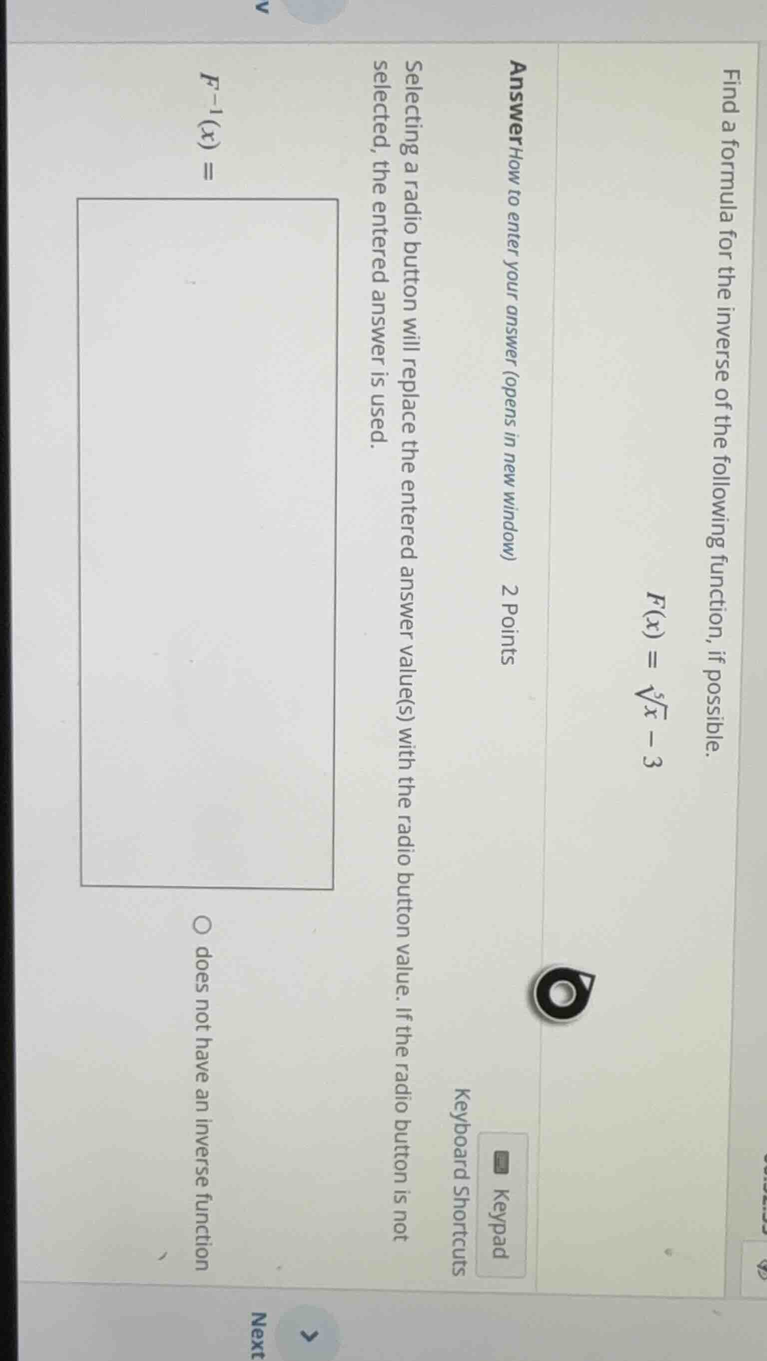 find a formula for the inverse of the following function, if possible.\…