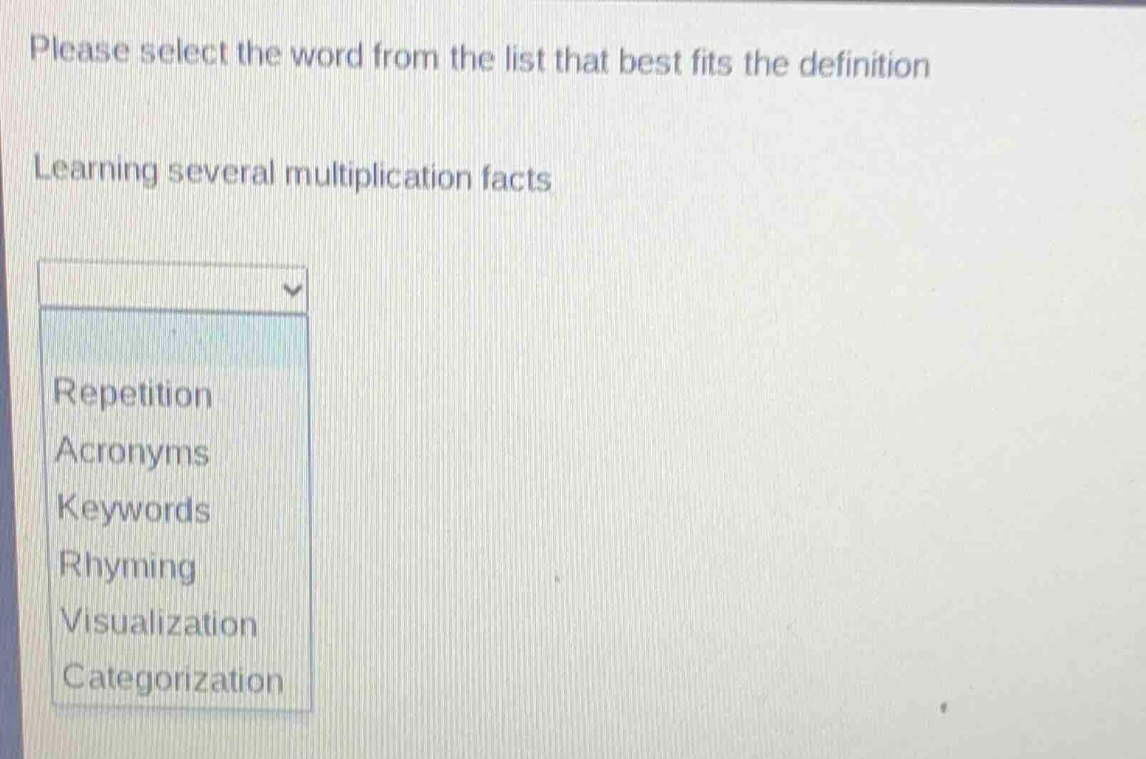 please select the word from the list that best fits the definition lear…
