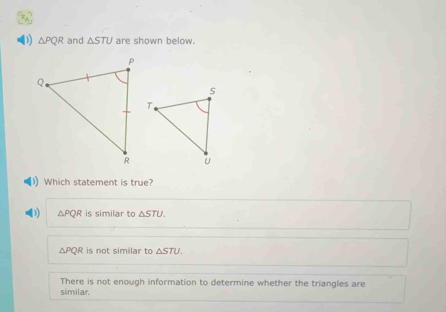 △pqr and △stu are shown below. which statement is true? △pqr is similar…
