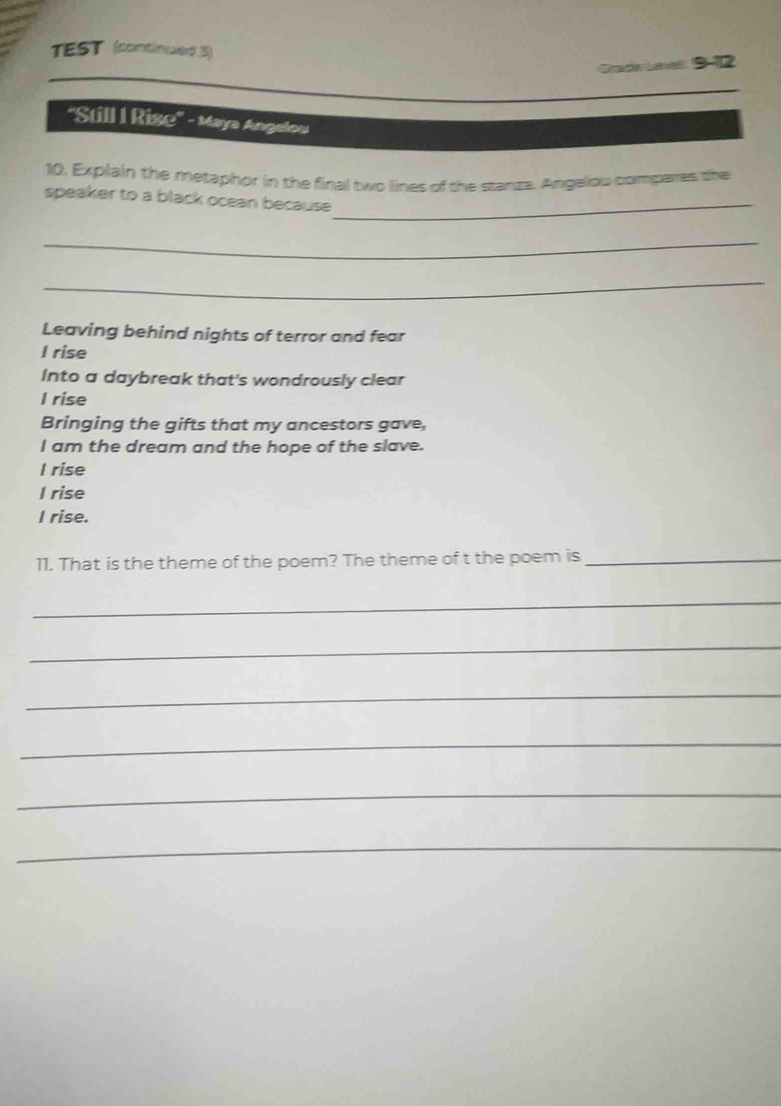 test (continued 3) grade level: 9-12 \still i rise\ - maya angelou 10. …