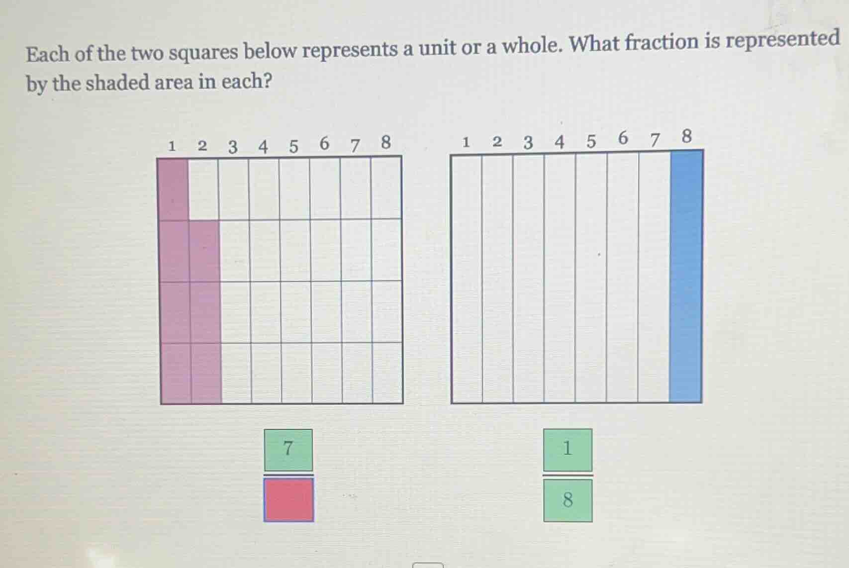 each of the two squares below represents a unit or a whole. what fracti…