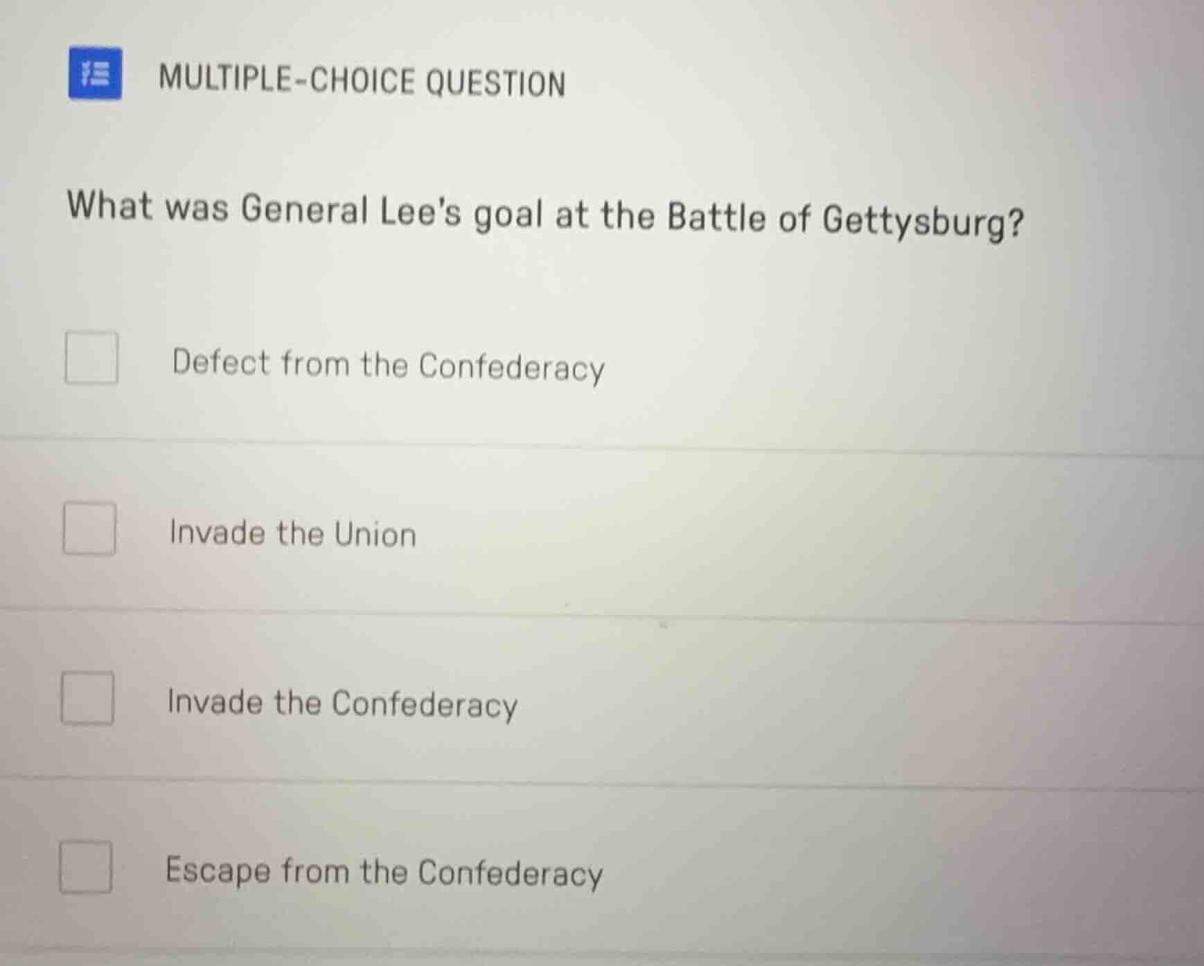 multiple-choice question what was general lees goal at the battle of ge…