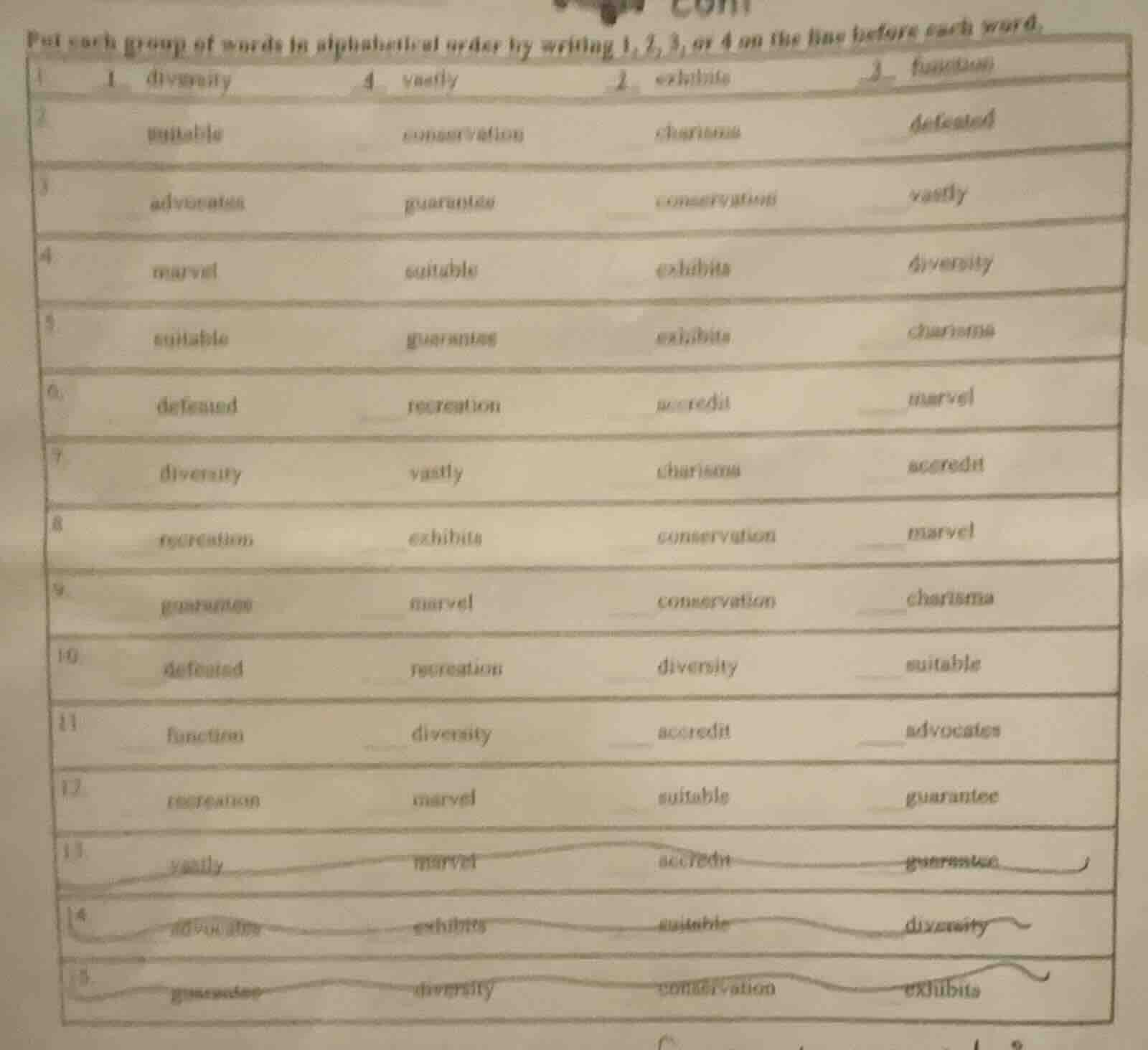 put each group of words in alphabetical order by writing 1, 2, 3, or 4 …