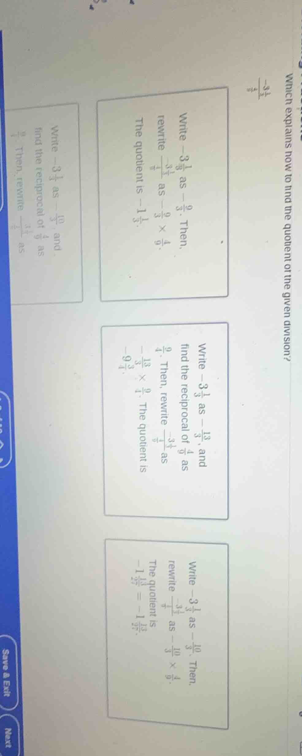 which explains how to find the quotient of the given division? write (-…