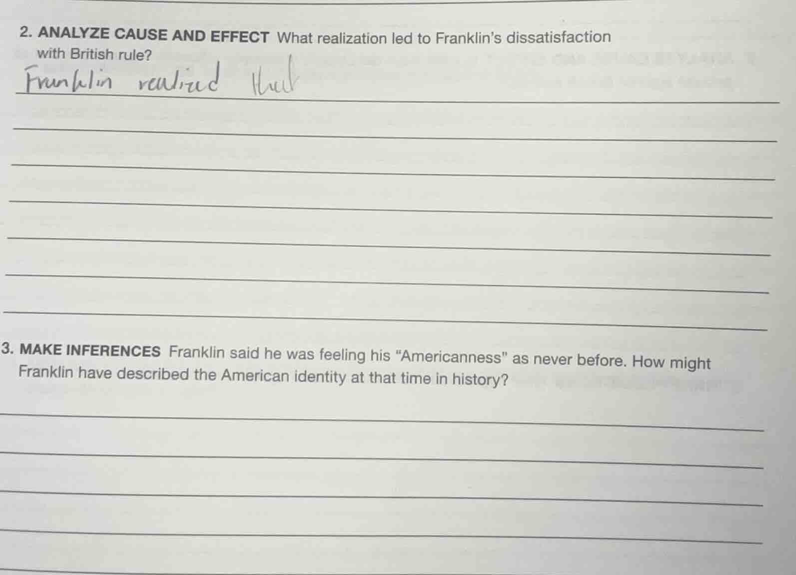 2. analyze cause and effect what realization led to franklins dissatisf…