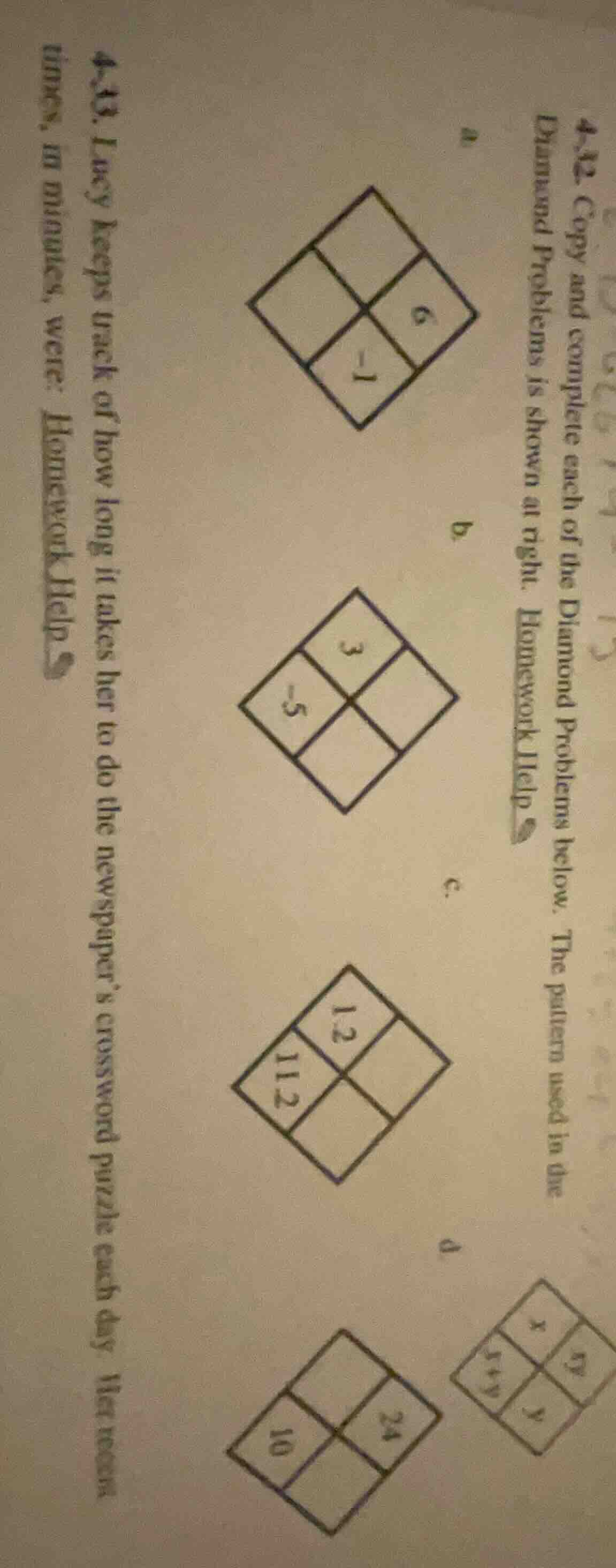 4-2 copy and complete each of the diamond problems below. the pattern u…