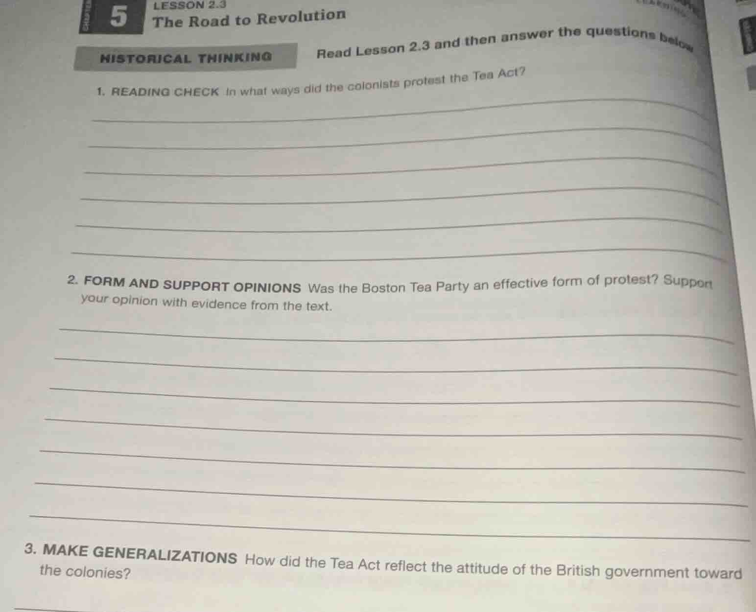 chapter 5 lesson 2.3 the road to revolution historical thinking read le…