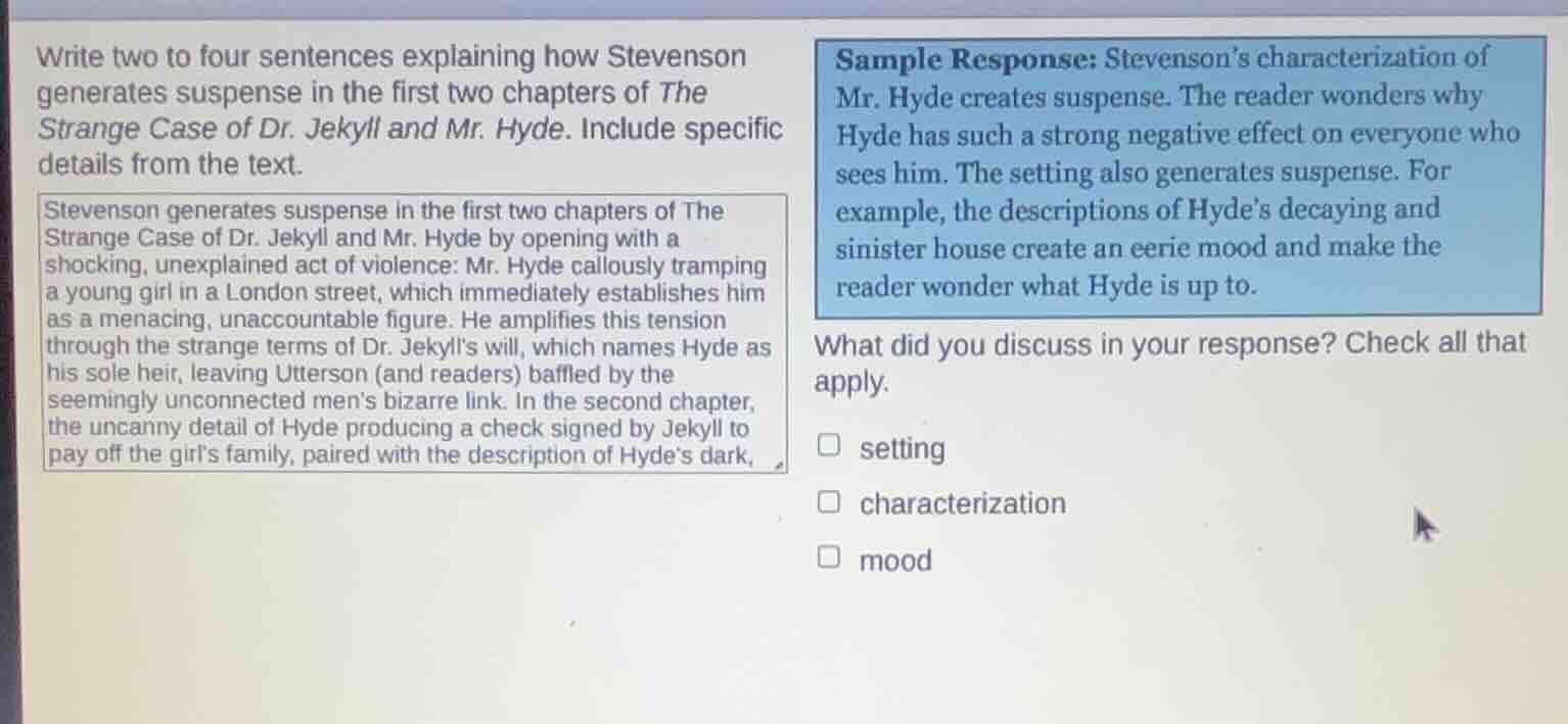 write two to four sentences explaining how stevenson generates suspense…