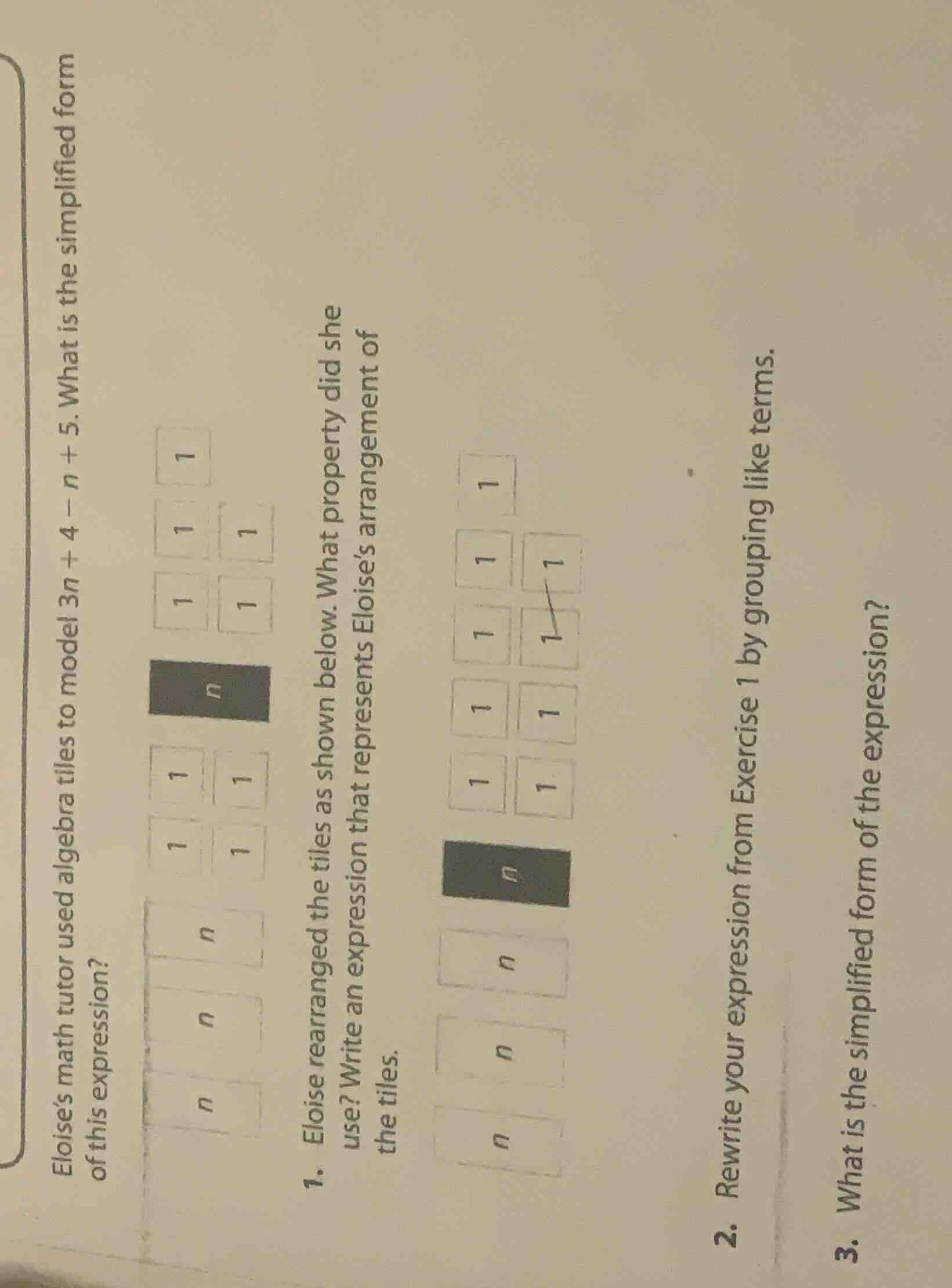 eloises math tutor used algebra tiles to model $3n + 4 - n + 5$. what i…