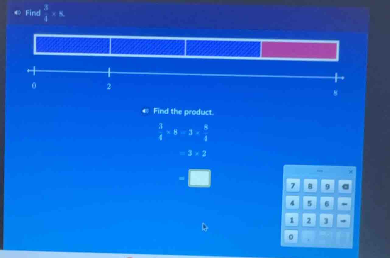 find \\(\frac{3}{4} \\times 8\\). find the product. \\(\\frac{3}{4} \\t…