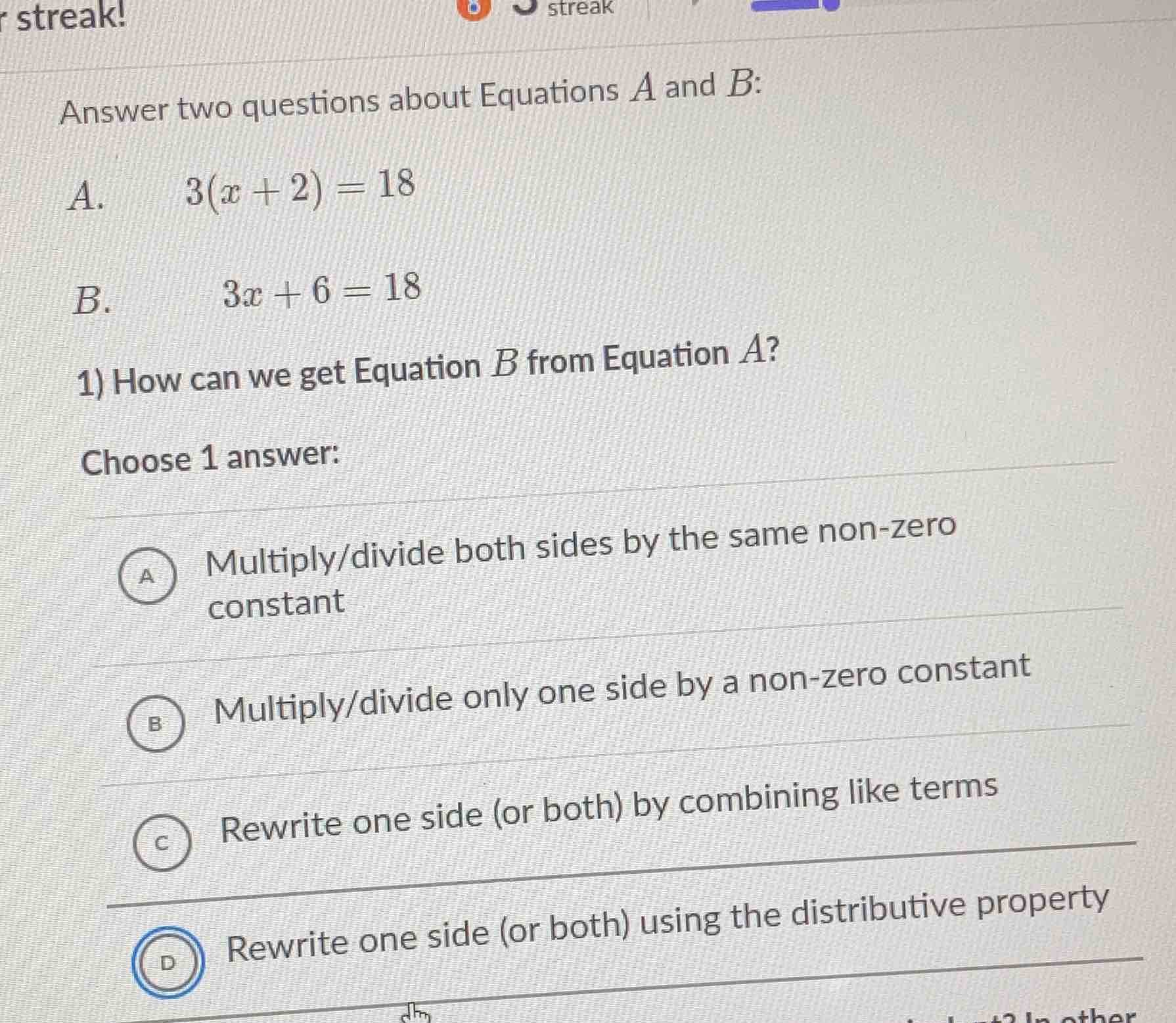 answer two questions about equations a and b: a. \\( 3(x + 2) = 18 \\) …