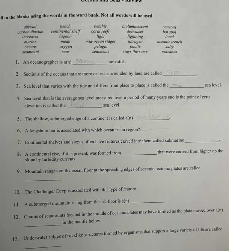 oceans and seas - review ill in the blanks using the words in the word …