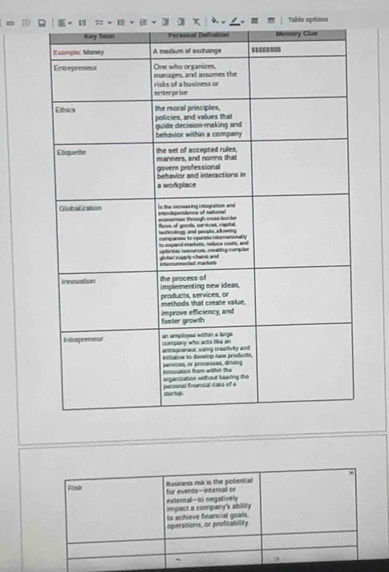 key terms | personal definition | memory clue example: money | a medium…