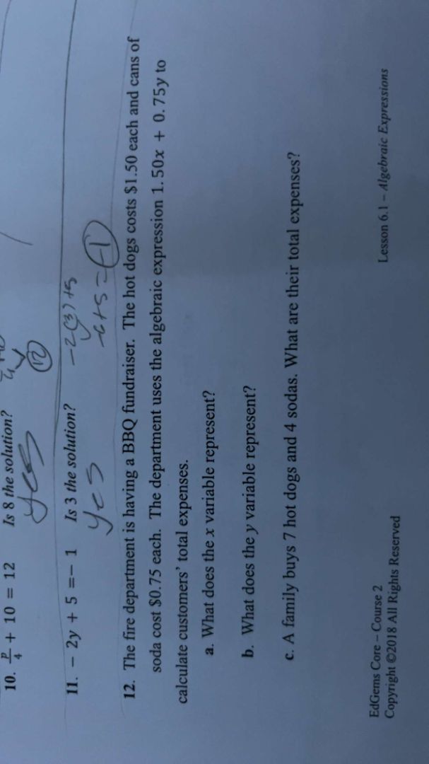 10. $\\frac{p}{4}+10 = 12$ is 8 the solution? 11. $-2y + 5 = -1$ is 3 t…